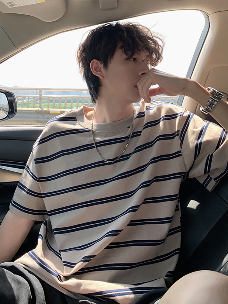 Contrast Color Striped Short-sleeved T-shirt Men's Summer Japanese Style Retro Trendy Ins All-match Round Neck Casual Half-sleeve T-shirt for Teenagers