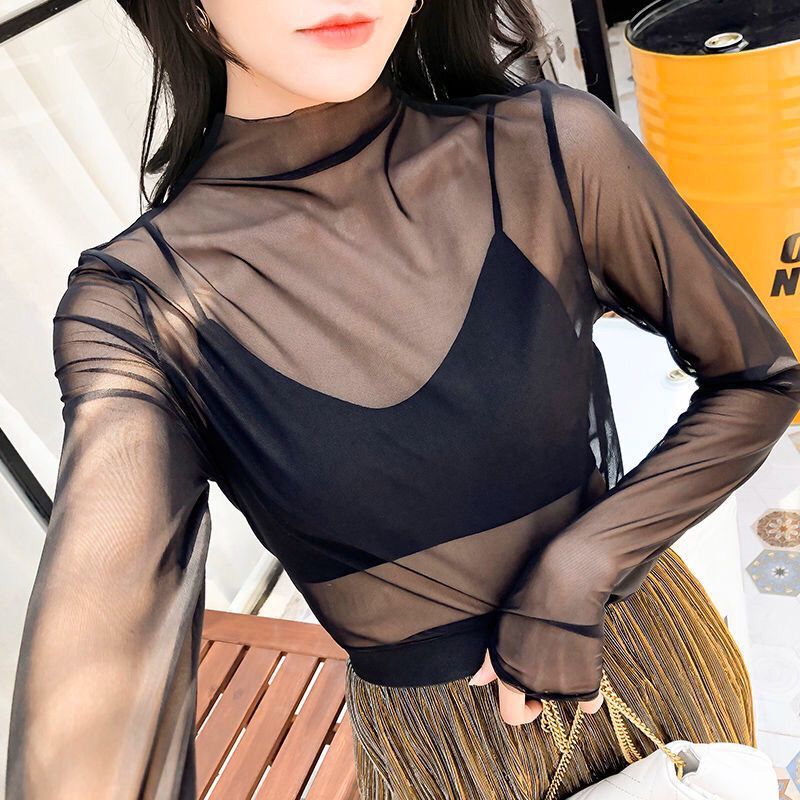 Black transparent mesh bottoming shirt Women's thin lace yarn long sleeve turtleneck transparent inner spring and autumn sun protection top