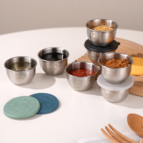 Mini Portable Sauce Cup, Cartoon Bear Dip Tray with Lid, Tomato Salad Dressing Cup, 304 Stainless Steel