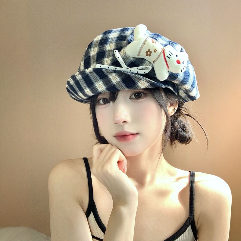 Japanese-Style Cartoon Kitten Bow Plaid Octagonal Hat for Women, Spring and Autumn Outing, Face-Slimming Y2K Retro Beret