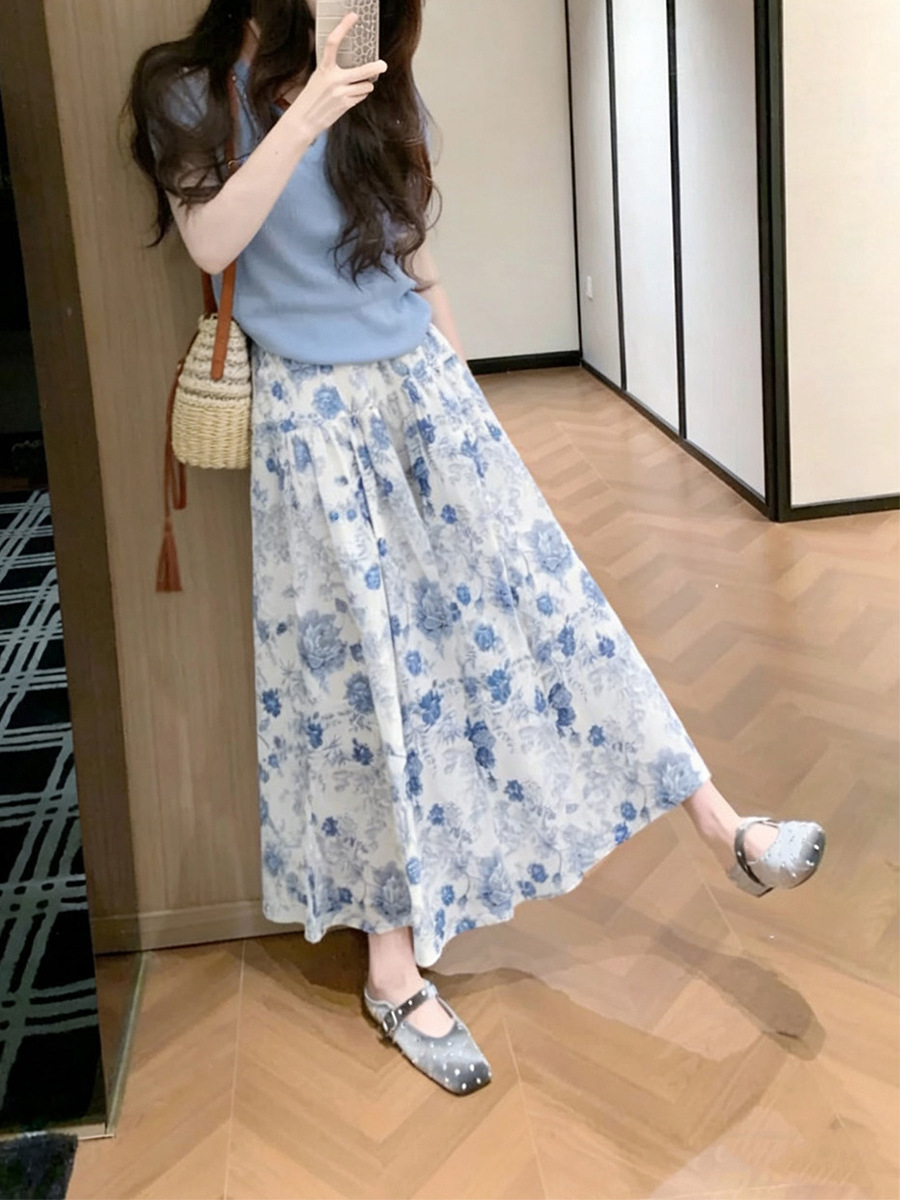 Đầm maxi nữ thắt eo tay ngắn màu xanh da trời — Màu xanh ngắn tay áo, nửa váy chi tiết 7