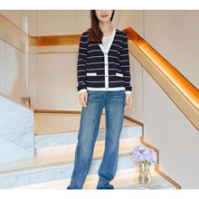 2025春秋新品V领百搭黑白条纹间色纽扣针织衫女慵懒休闲开衫通勤