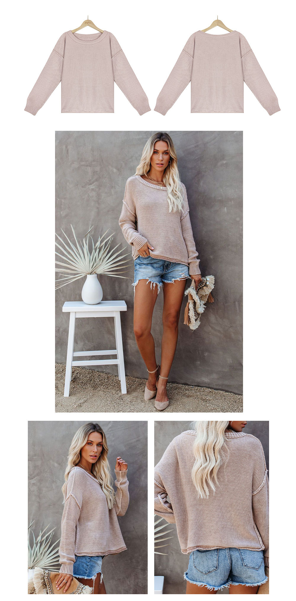 round neck solid color knitted pullover long-sleeved sweater NSWJY137257