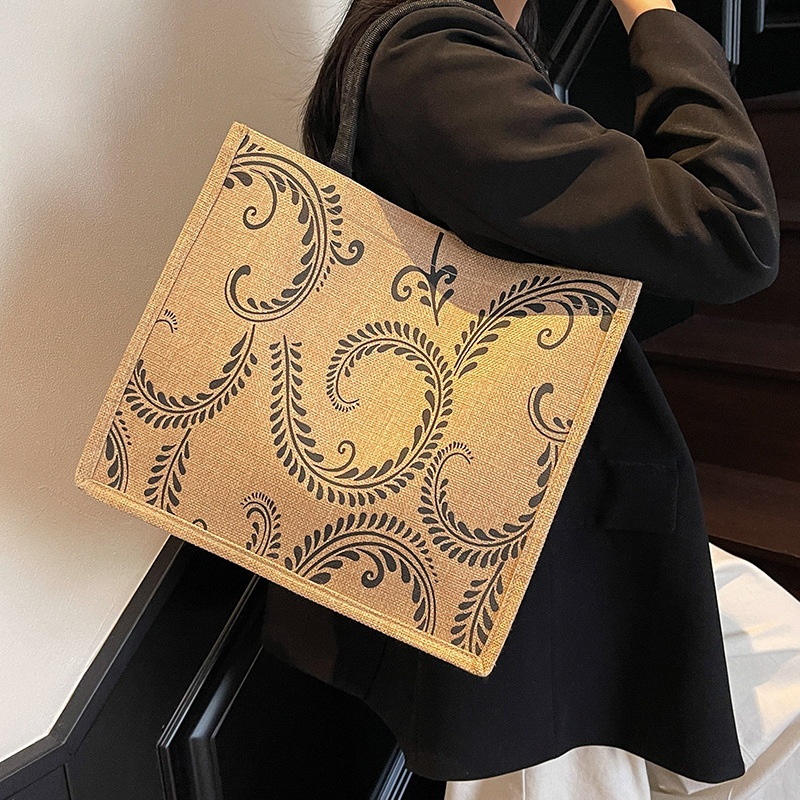 765g Weight Magnetic Buckle Closure Type Double Handle Strap Type Handbag Bags Type Casual, Holiday Occasion Hemp Material Geometric Pattern All Seasons Season Women's Gender Elegant, Vintage Style Style Square Shape Women's Hemp Geometric Elegant Vintage Style Square Magnetic Buckle Handbag 10