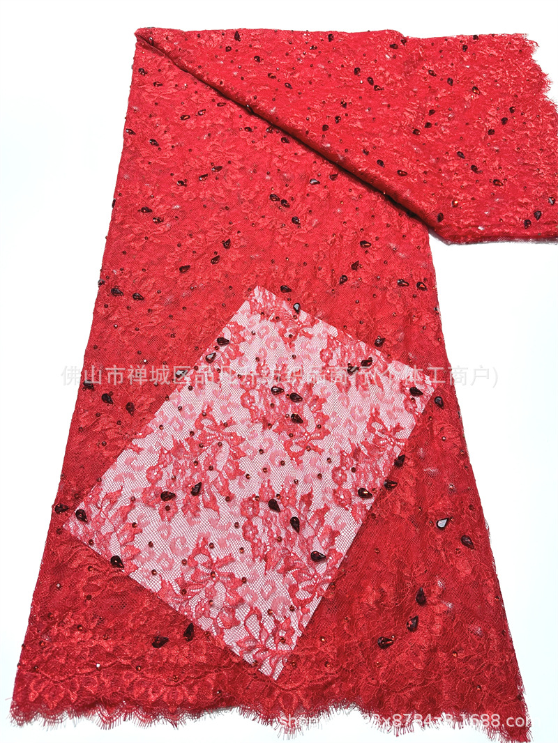 Champaña oro pesado clavos tela de encaje goteo taladro de mano encaje cosido tela de vestido de boda alta
