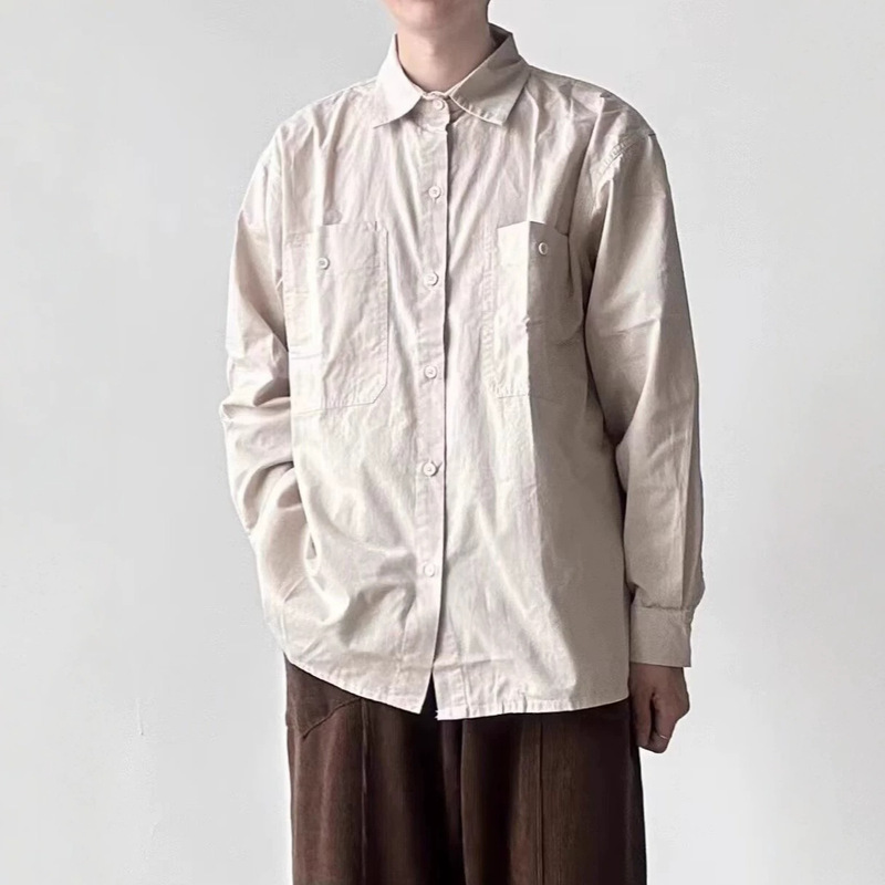 Men's Spring/Summer Workwear Shirt 2026 New Pocket Design Turn-down Collar Casual Loose Versatile Long Sleeve Shirt Top Simple