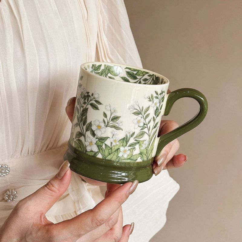 茉莉花马克杯陶瓷水杯复古风花卉图案杯子送客户礼品礼物马克杯子|undefined