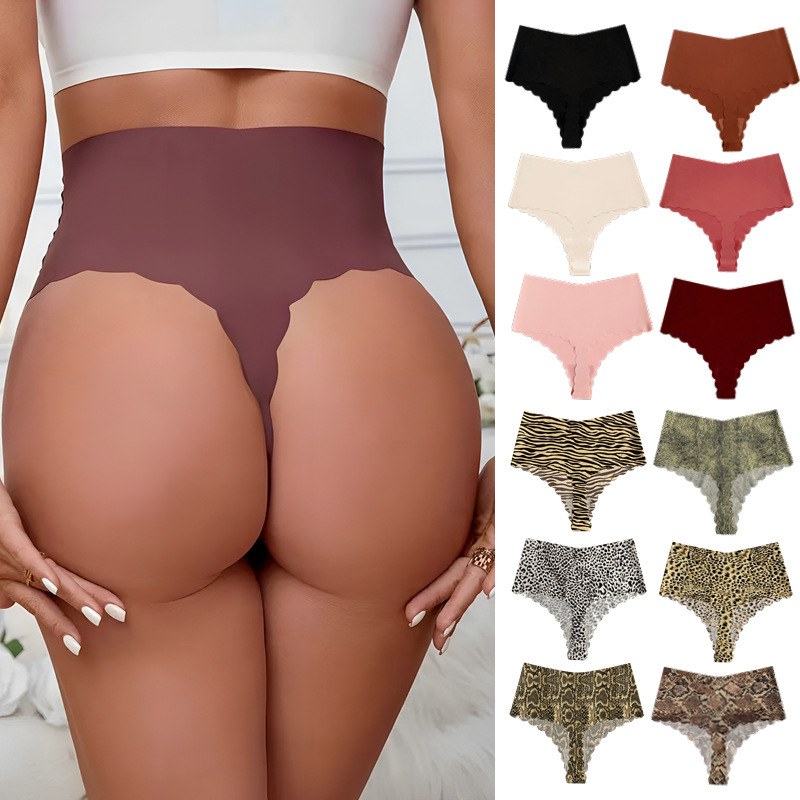 plus size European and American high waist thong women's ice silk briefs T pants fitness sports abdominal pants wide-brimmed sexy T pants