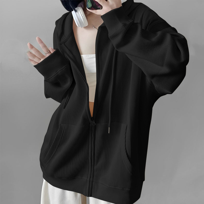 华夫格连帽卫衣女秋oversize宽松薄款拉链开衫外套秋季加绒加厚|undefined
