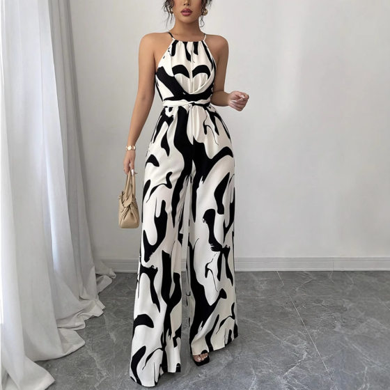 New Summer Cross-border Women's Retro All-match Lace-up Waist Slimming Loose Printed Wide-leg Neck Jumpsuit