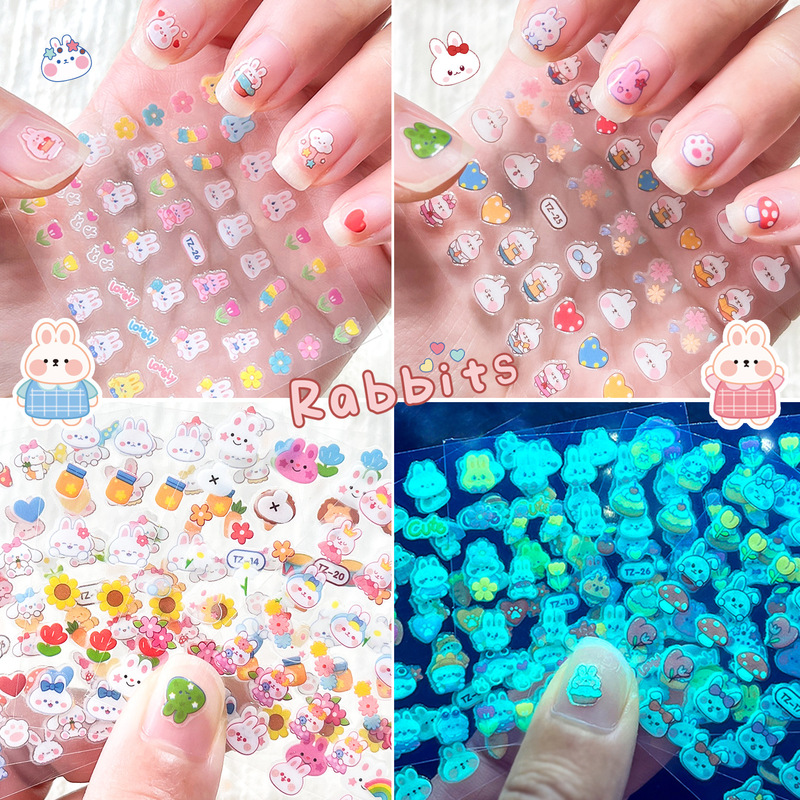 Cross-border 30 new luminous nail decals suit rabbit colorful flowers love strawberry glitter nail stickers wholesale