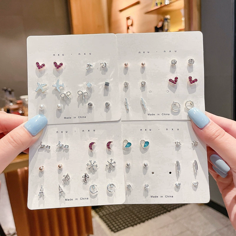 Earrings set, small elegant studs 2–12 pcs, pearl and charming motif designs