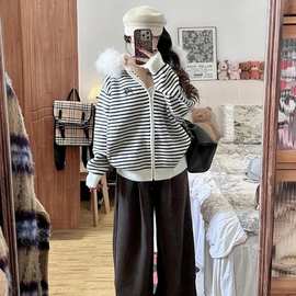 韩系感条纹大毛领连帽针织开衫毛衣女秋冬宽松慵懒风外套上衣