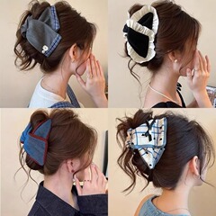 格子柄三角ヘアクリップ2025新作 高級感 後頭部用 高見え シャーククリップ 格子柄クリップ ヘアアクセサリー