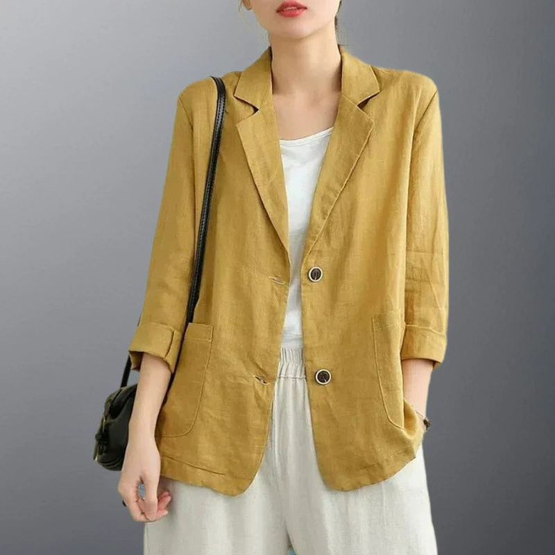 Хлопчатобумажный и льняной короткий жакетный костюм осень 2025, новый свободный, в литературном стиле, тонкий, с длинными рукавами, повседневный топ-жакет для женщин