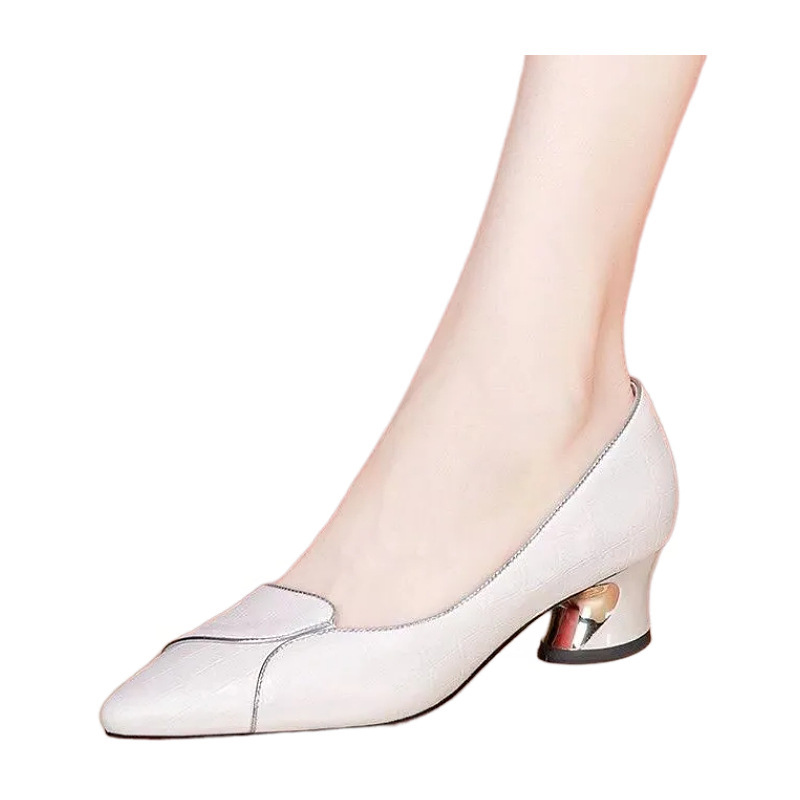 2026 primavera y verano nuevos zapatos de cuero suave de talón grueso y poco profundo, zapatos de cuero de moda de tacones puntiagudos, zapatos de mujer.