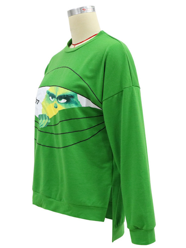 Comercio exterior de otoño y invierno de cuello redondo impresión de manga larga extraña camiseta de pelo verde chaqueta casual ropa de Navidad
