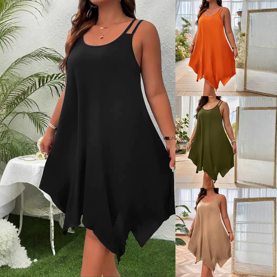 2025 трансграничное европейское и американское летнее сексуальное свободное утягивающее платье чистого цвета асимметричное женское платье большого размера на подтяжках