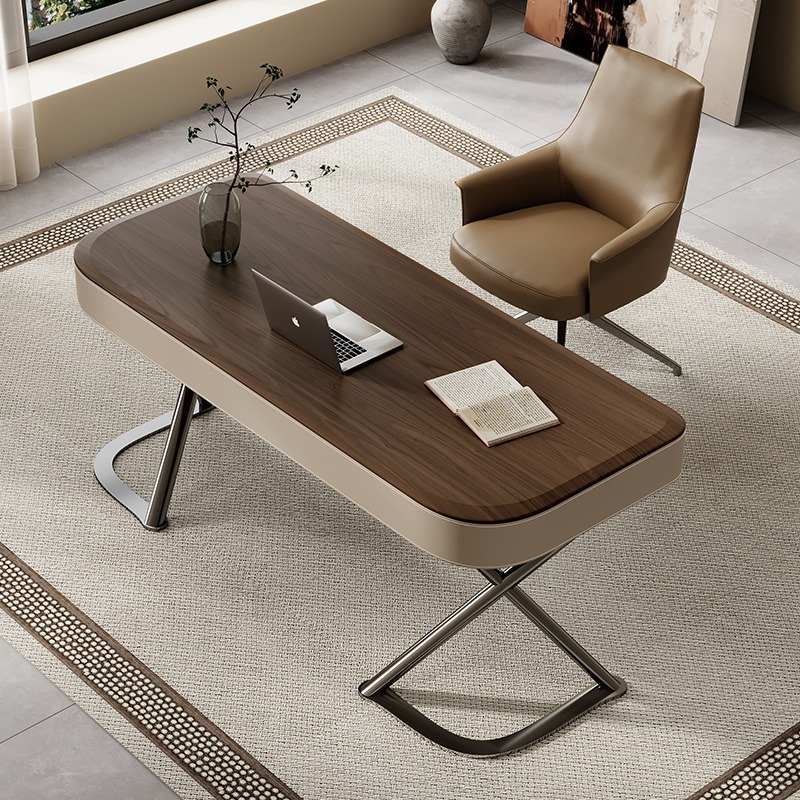 High-end Solid Wood Desk Light Luxury Modern Simple Saddle Leather Home Study Bedroom Walnut Leather Office Desk