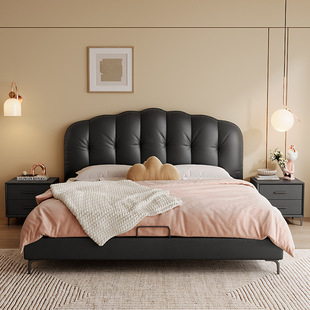 Leather bed cream style black puff bed modern simple master bedroom 1.8m double bed wedding bed soft storage bed