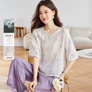 【定制】 重工刺绣苎麻衫女夏季新款优雅国风薄款五分袖薄款衬衣
