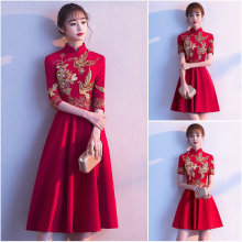 现货中长款礼服修身结婚新款酒红小礼服修身改良旗袍裙新娘装红色