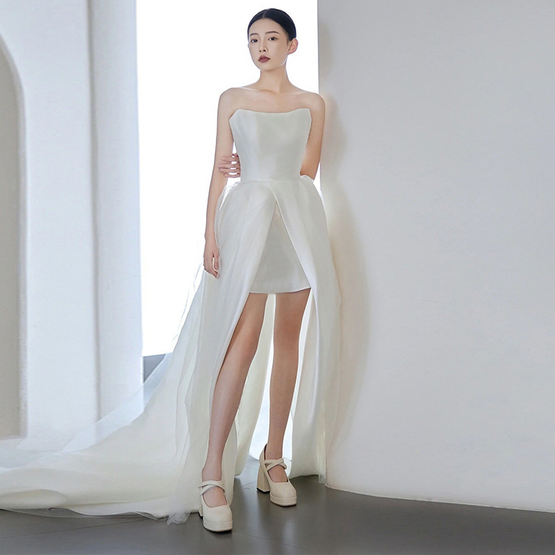 French style tube top light wedding dress bridal niche satin white simple temperament trailing small evening dress