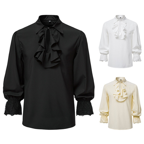 European court drama play men's solid color plus size long sleeve shirt steampunk gothic ruffle shirt gig