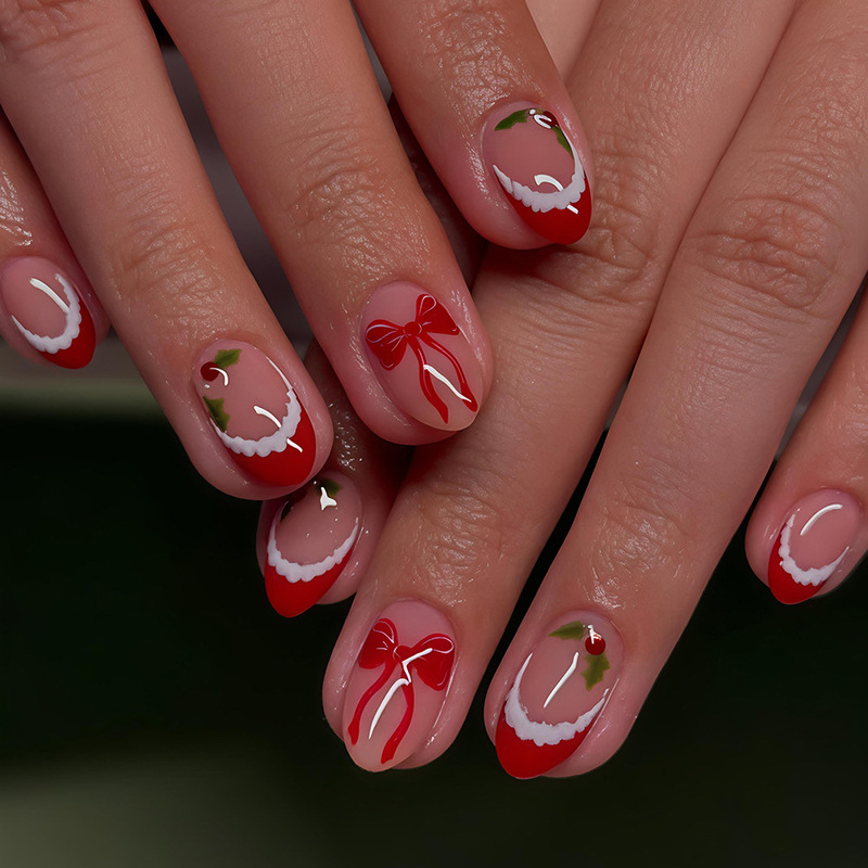 Cross-border Christmas red Santa hat French bow holly fruit press-on fake nails foreign trade Christmas nail tips Cross-border Christmas red Santa hat French bow holly fruit press-on fake nails foreign trade Christmas nail tips