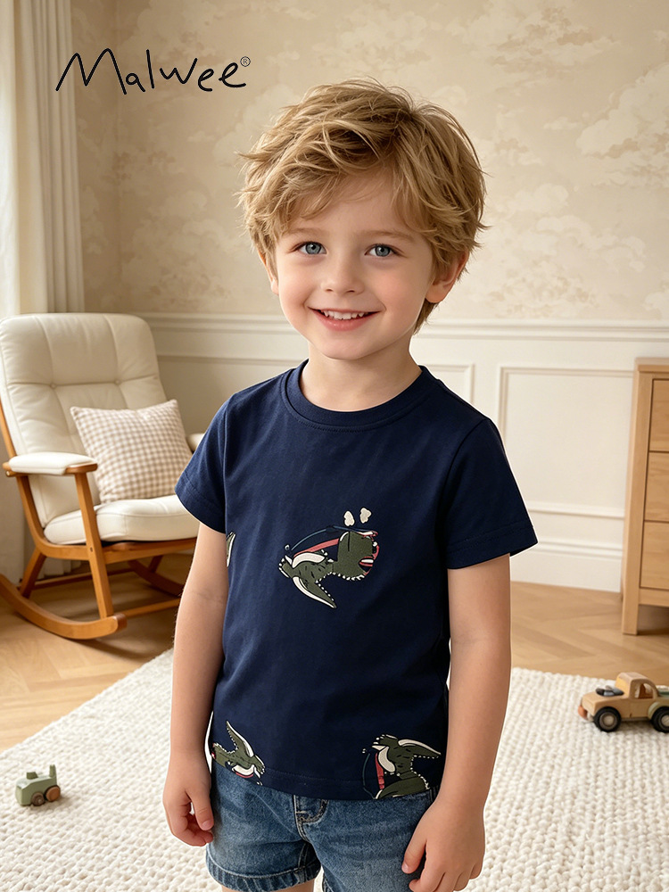 Cross-border malwee nueva camiseta para niños suave transpirable para niños pequeños y medianos cómodos cuello redondo de la piel camisa de manga corta