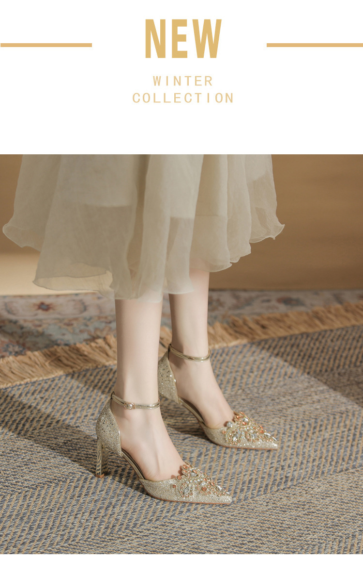 Giày sandal cao gót nữ quai ngang mũi nhọn gót nhọn mùa xuân thu 2024 — Màu Sâm panh chi tiết 2
