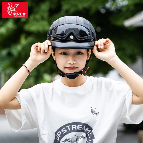 Electric bike PU leather retro helmet with goggles, scarf for men and women riding, sun shading, year-round safety protection, warm half helmet