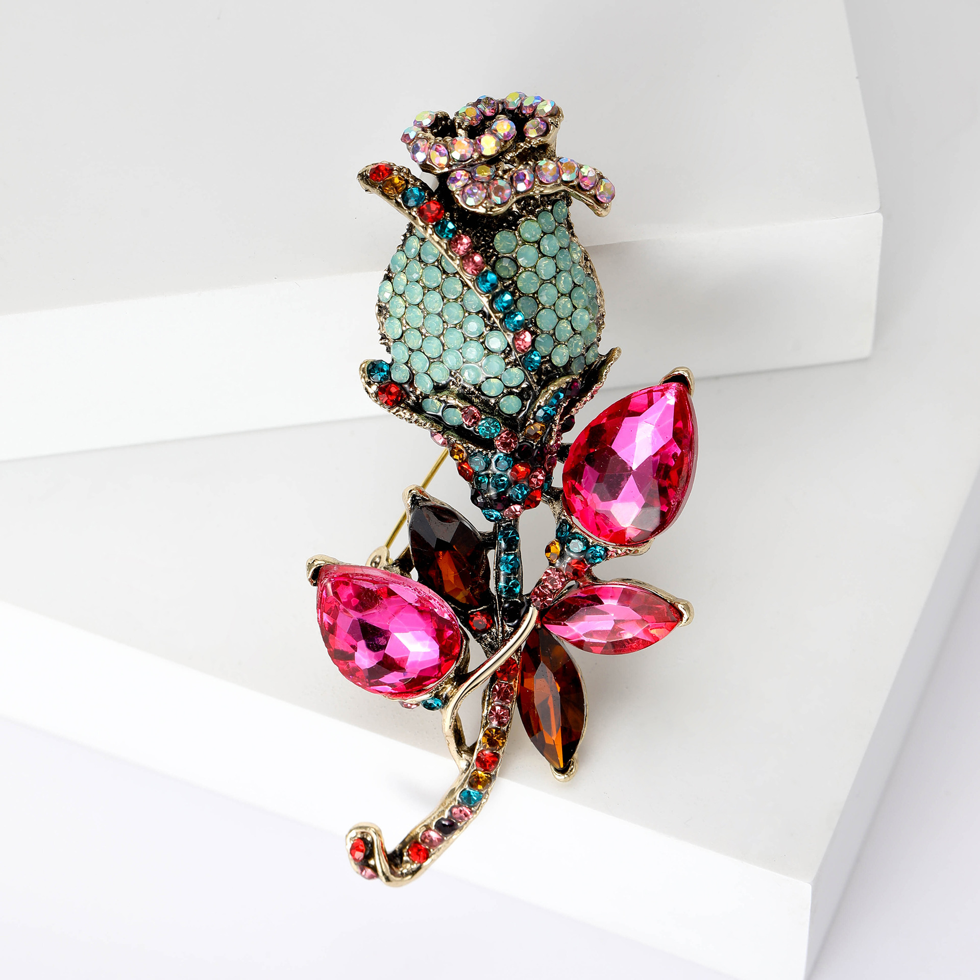 Alloy Material Retro Pin Rose Alloy Inlay Rhinestones Women's Brooches
