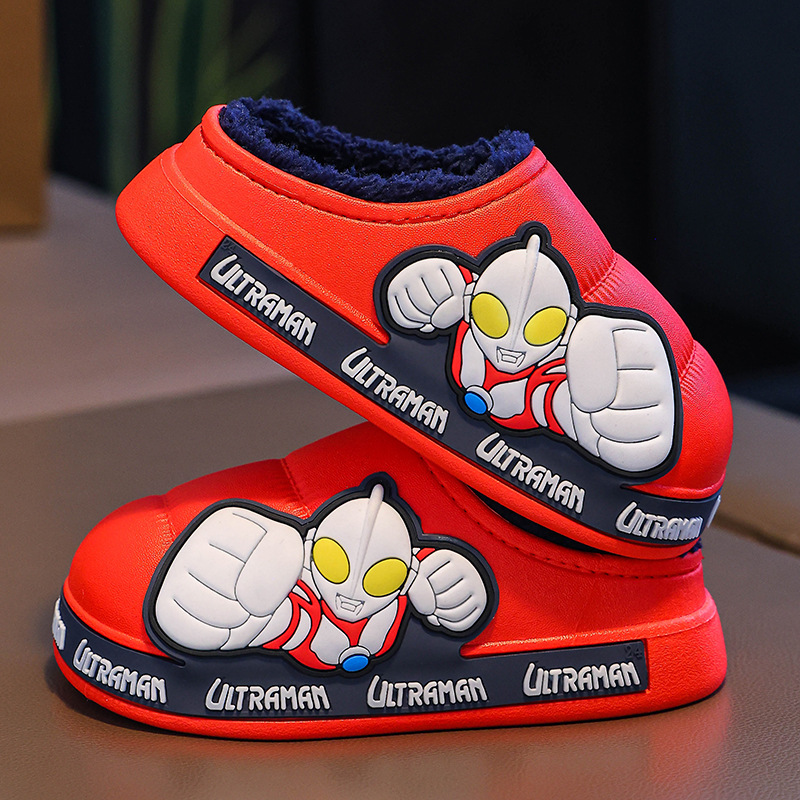Zapatillas para niños Ultraman niños dibujos animados invierno hogar interior y exterior para usar zapatillas de algodón impermeable bolsa antideslizante