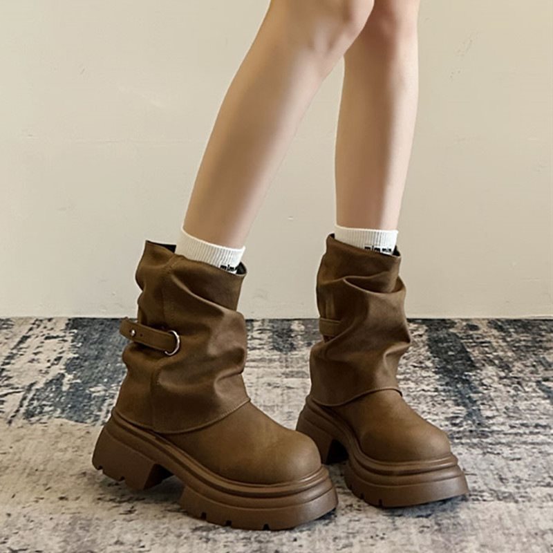 Short Boots British Style Thick-Soled Martin Boots Women's New Boots American Style Spring and Autum Brown 2025 Heightening Rad Trouser Legs