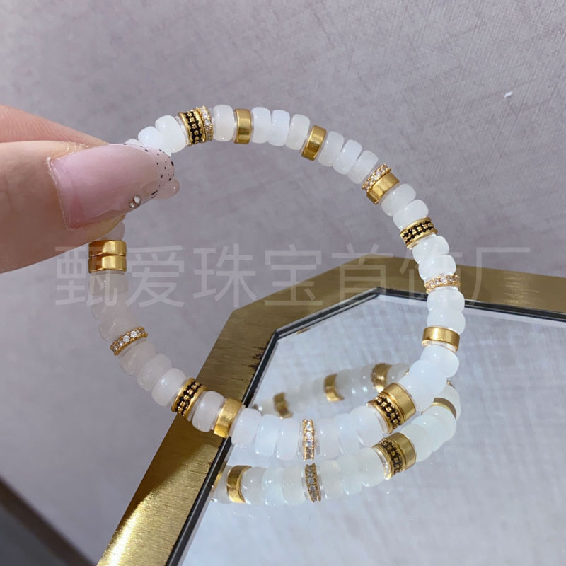 直播爆款925银和田白玉直切药片珠串手链天然玉石国风文玩手串女|undefined