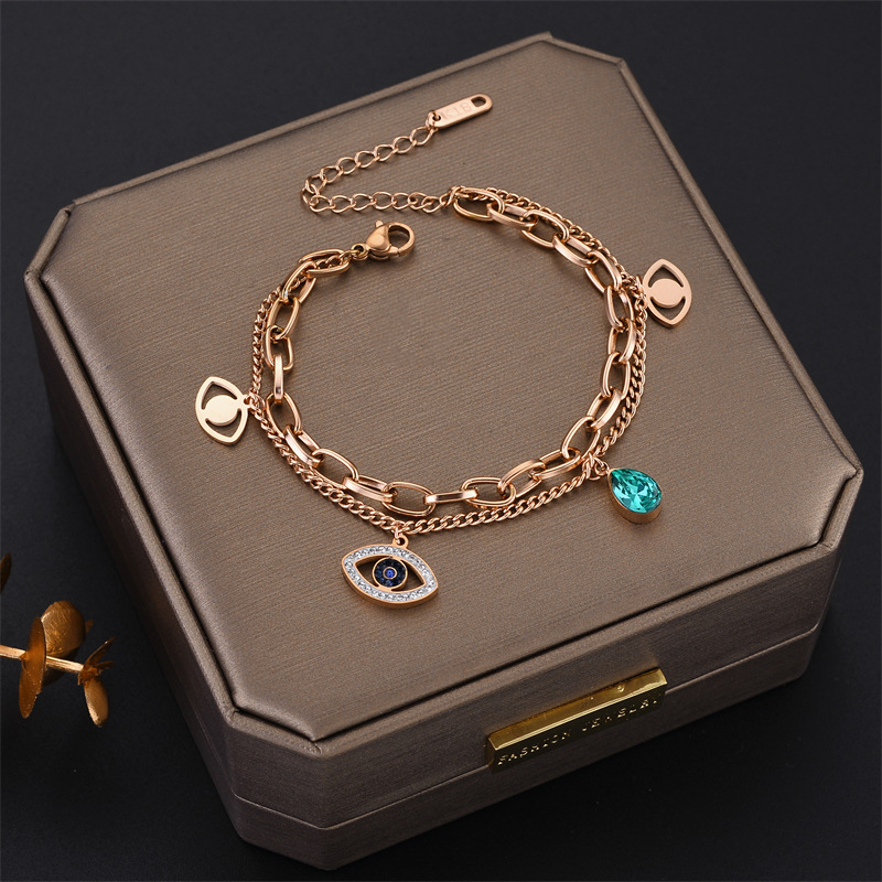 Fashion Water Droplets Eye Titanium Steel Gold Plated Hollow Out Inlay Zircon Bracelets Necklace 1 P