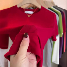 新年红色短袖T恤女士2024夏季新款美式修身半袖体恤圆领正肩上衣