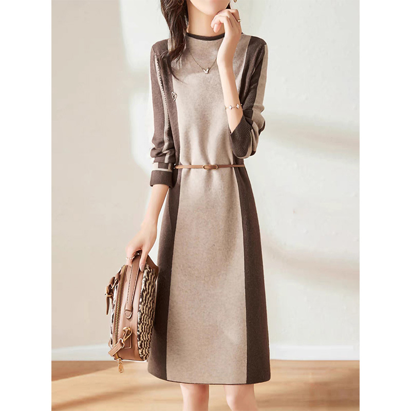 Counter High-grade Cashmere dress Women's 2024 Autumn and Winter Fashion Color-matching Elegant Elegant Women's Wool Trendy Long Dress