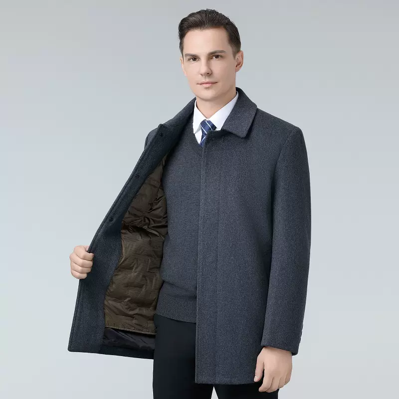 【可脱卸羽绒】中年男士中长款羊毛呢外套冬新款防寒保暖翻领大衣