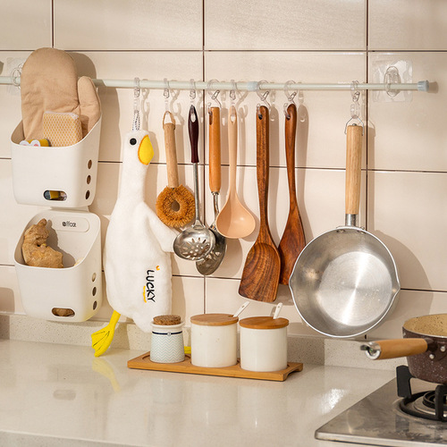 Anti-knocking kitchen hanging basket hole wall-mounted ginger and garlic storage rack telescopic rod adjustable pool towel hanging rod hook