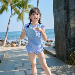 亲子泳衣 时尚印花显瘦防晒罩衫分体四件套女款泳装 连体儿童泳衣