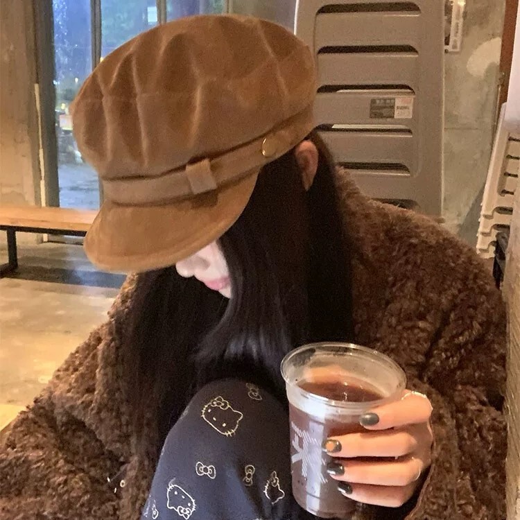 秋天氛围感美拉德风贝雷帽女棕色麂皮绒报童帽复古英伦八角画家帽|undefined