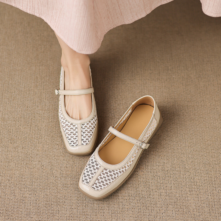 Giày ballet nữ da thật lỗ rỗng phong cách DeTrain phối lưới mùa xuân hè — màu đen, màu trắng ngà chi tiết 29