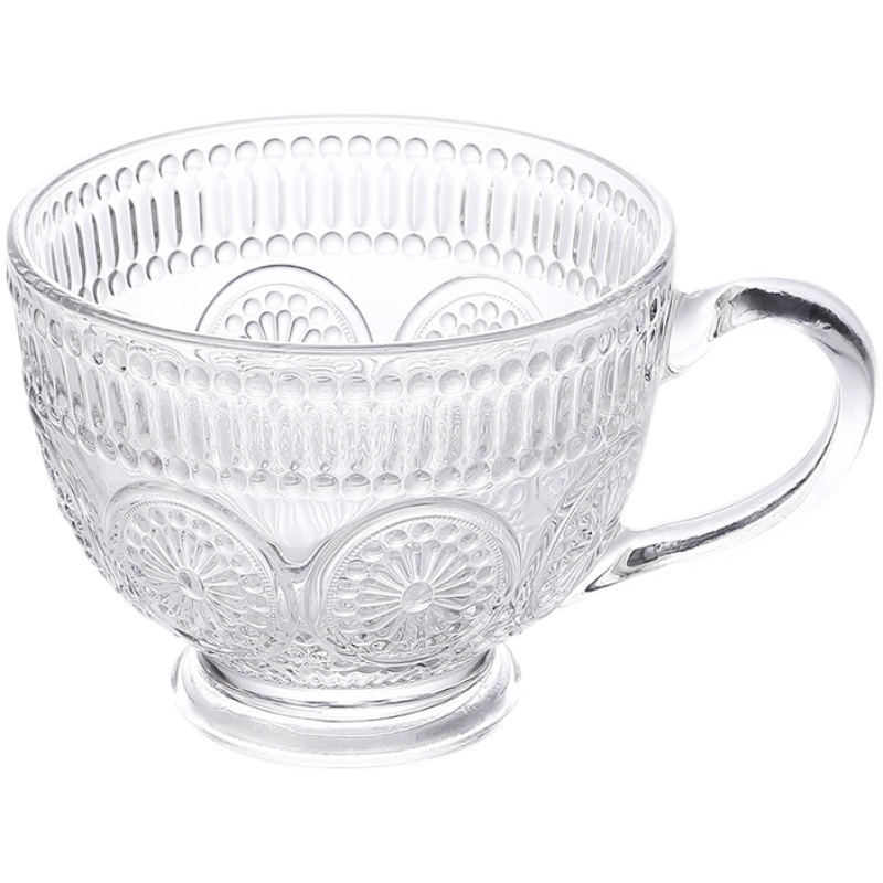 Hogar nórdico retro relieve flor del sol taza de café leche desayuno taza de vidrio gran capacidad con mango taza de té