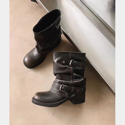 Stock 2025 retro height-increasing pants boots, pleated western cowboy boots, round head thick heel, short knight boots, women