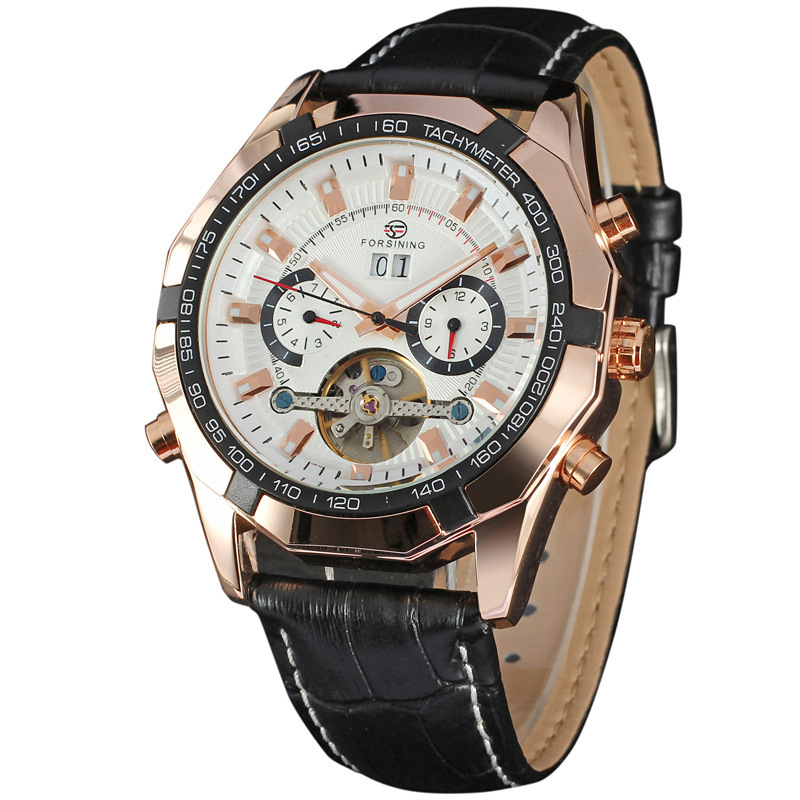 Forsining hombres moda casual gran dial Tourbillon reloj mecánico automático calendario semana reloj