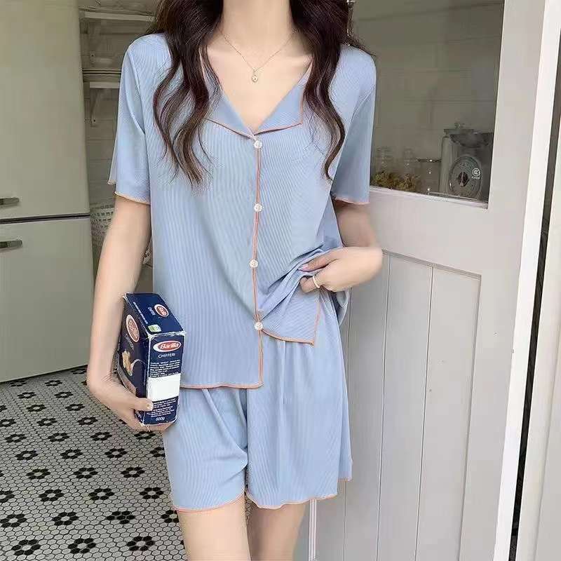 Short Sleeve Pajamas for Women QQ suit Korean Style Thin Fake Cardigan Lapel Button Simple Ice Silk Cool Fairy Home Clothes