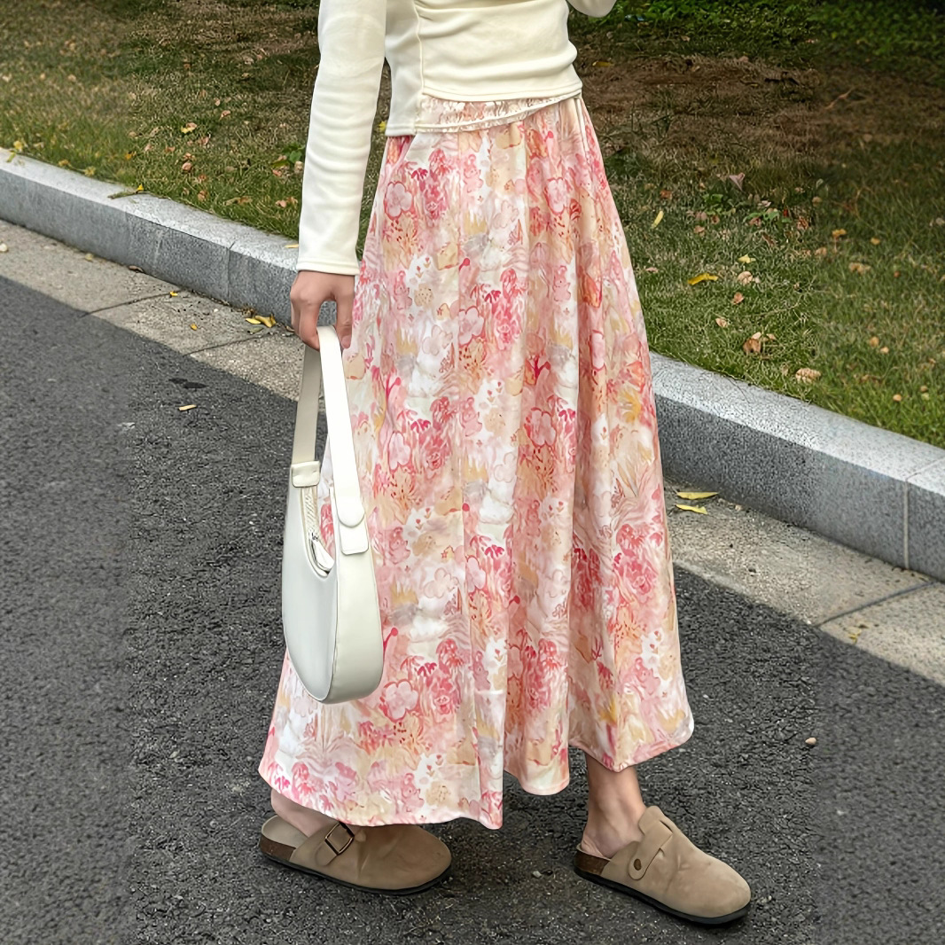 French-Style Long Skirt for Women, Spring and Summer, High-Waisted, Large A-Line Skirt with Drapey Fashion, Versatile, 3D Printed