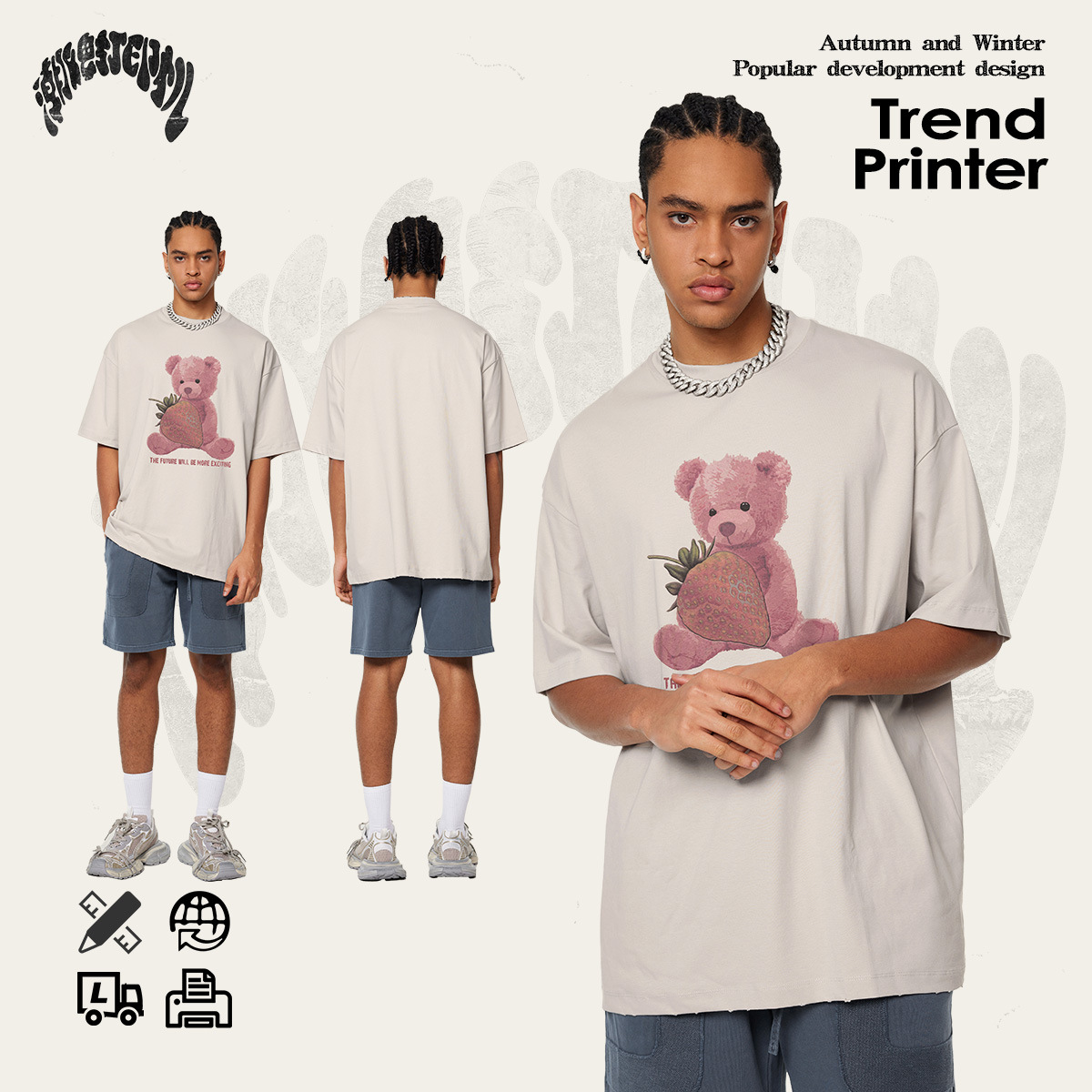 2025 verano estilo de moda estadounidense 230G tela impresión oso de fresa camiseta de manga corta camiseta de moda suelta chaqueta fría para hombre